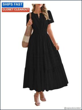 Women's Summer Maxi Dress Short Sleeve V Neck Tiered Ruffle Flowy Beach